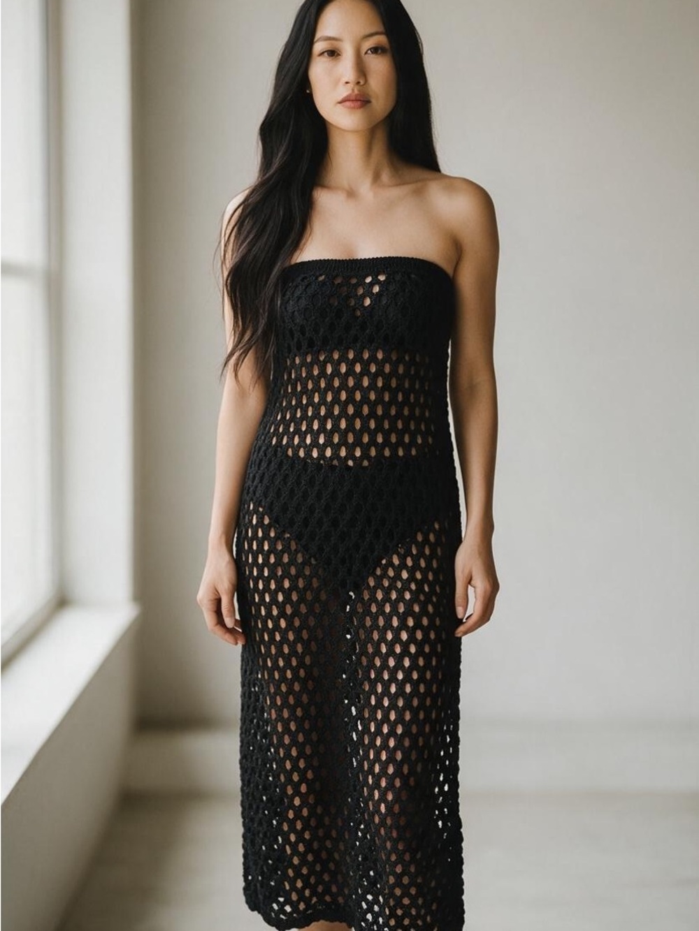 Crochet Tie-Front Bandeau Maxi Dress Small